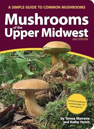 Book cover of Mushrooms of the Upper Midwest, 2nd Edition by Teresa Marrone and Kathy Yerich. The cover features two tan-capped mushrooms growing in a green, mossy forest setting, with the title in bold white and purple text above. The subtitle reads, “A Simple Guide to Common Mushrooms.”