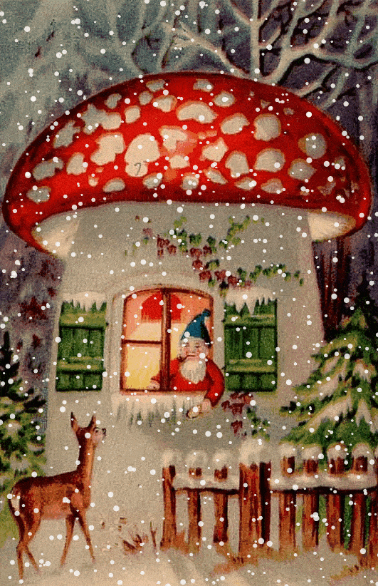 Animated vintage-style Christmas scene showing a snow-covered mushroom house with a red-and-white spotted cap. A gnome with a blue hat and red coat looks out the window, while a small deer stands outside next to a wooden fence. Snow gently falls over the cozy forest setting.