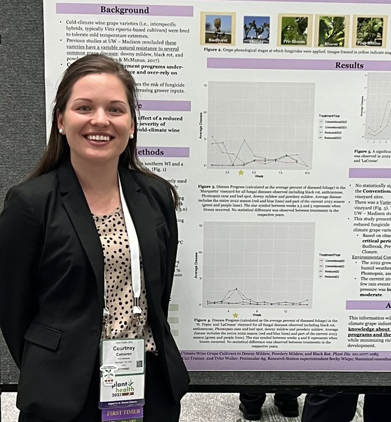 A smiling woman named Courtney Cameron stands in front of a scientific research poster about cold-climate wine grape disease management. She wears a professional outfit and conference badge at the Plant Health 2023 event.
