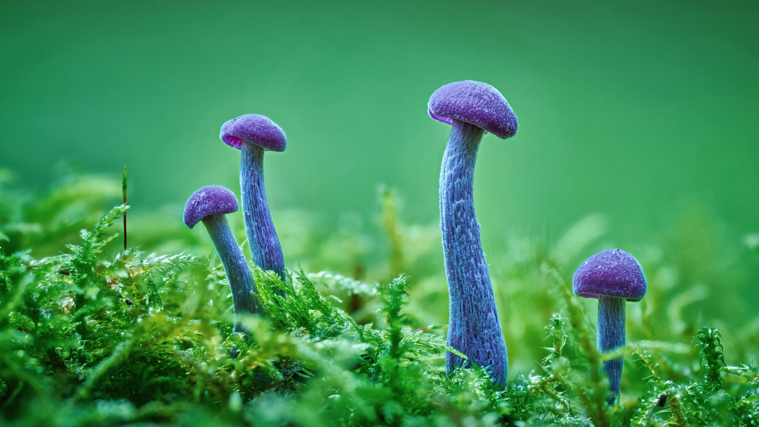 A close-up, eye-level shot of four stunningly purple mushrooms growing out of a bed of vibrant green moss. The mushrooms have fuzzy, slender stems and small, bell-shaped caps. The background is a soft, out-of-focus green, creating a dreamy and fantastical atmosphere.